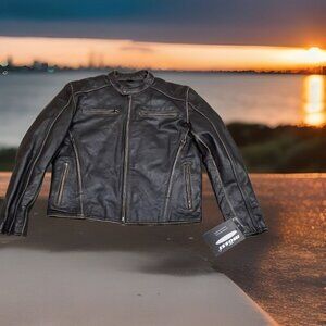 ✅Men’s 44 Mossi Motorsports Apparel Black Leather Biker Jacket W/Zip Out Liner